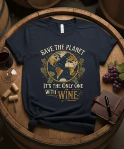 Save The Planet It's The Only One With Wine quote with vintage earth graphic on navy t-shirt