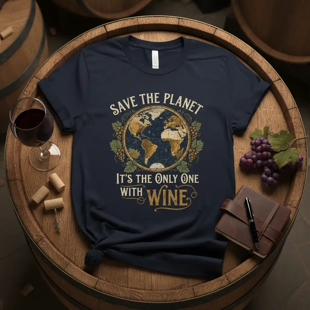 Save The Planet It's The Only One With Wine quote with vintage globe and grape design on a t-shirt