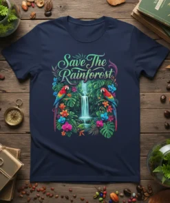 Save The Rainforest text graphic with vibrant jungle scene, waterfall, and two parrots on a navy blue t-shirt