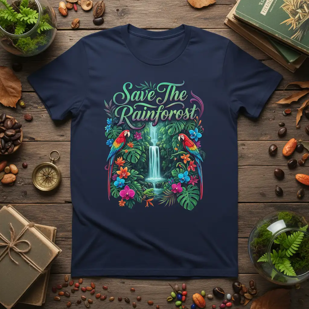 Save The Rainforest text with lush jungle scene, waterfall, and parrots on a dark heather t-shirt