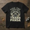 Save The Trash Panda t-shirt design with a raccoon wearing a hat and holding coffee cups