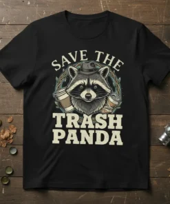 Save The Trash Panda t-shirt design with a raccoon wearing a hat and holding coffee cups