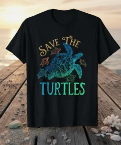 Save The Turtles graphic t-shirt with a central sea turtle and smaller turtles, set against a sunset ocean background