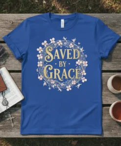Saved By Grace quote on a blue t-shirt, featuring a floral wreath with birds and elegant gold lettering