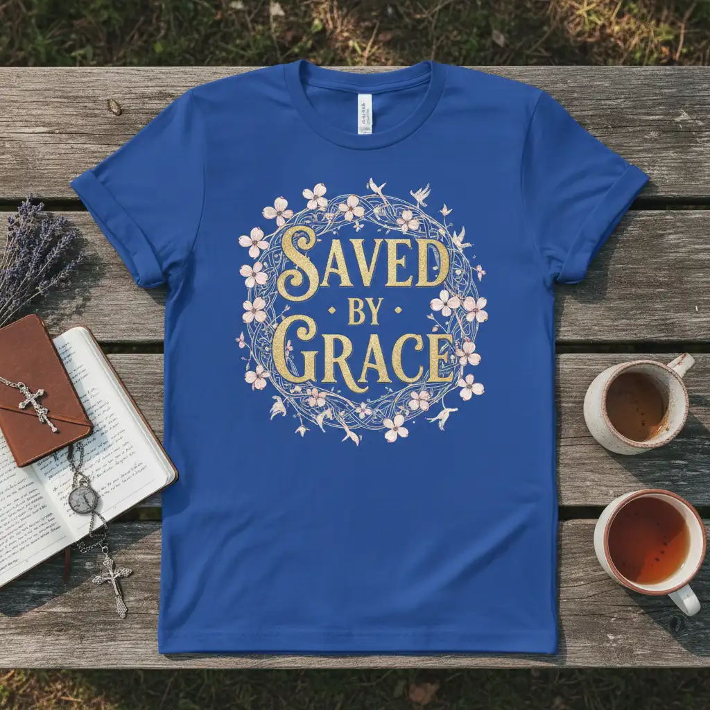 Saved By Grace quote in elegant gold font with floral and bird accents on a blue t-shirt