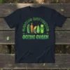 Saving Batteries Going Green t-shirt with cartoon vegetables and batteries, promoting environmental awareness