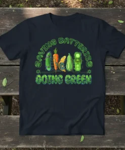 Saving Batteries Going Green t-shirt with cartoon vegetables and batteries, promoting environmental awareness
