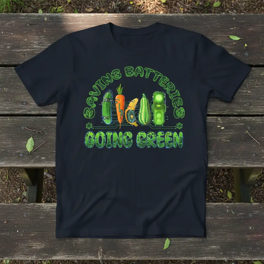Saving Batteries Going Green t-shirt design featuring vegetables as batteries, promoting eco-friendly living