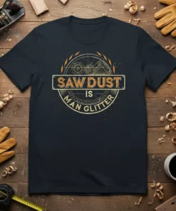 Saw Dust Is Man Glitter quote on a dark t-shirt, featuring gears and woodworking tools graphic