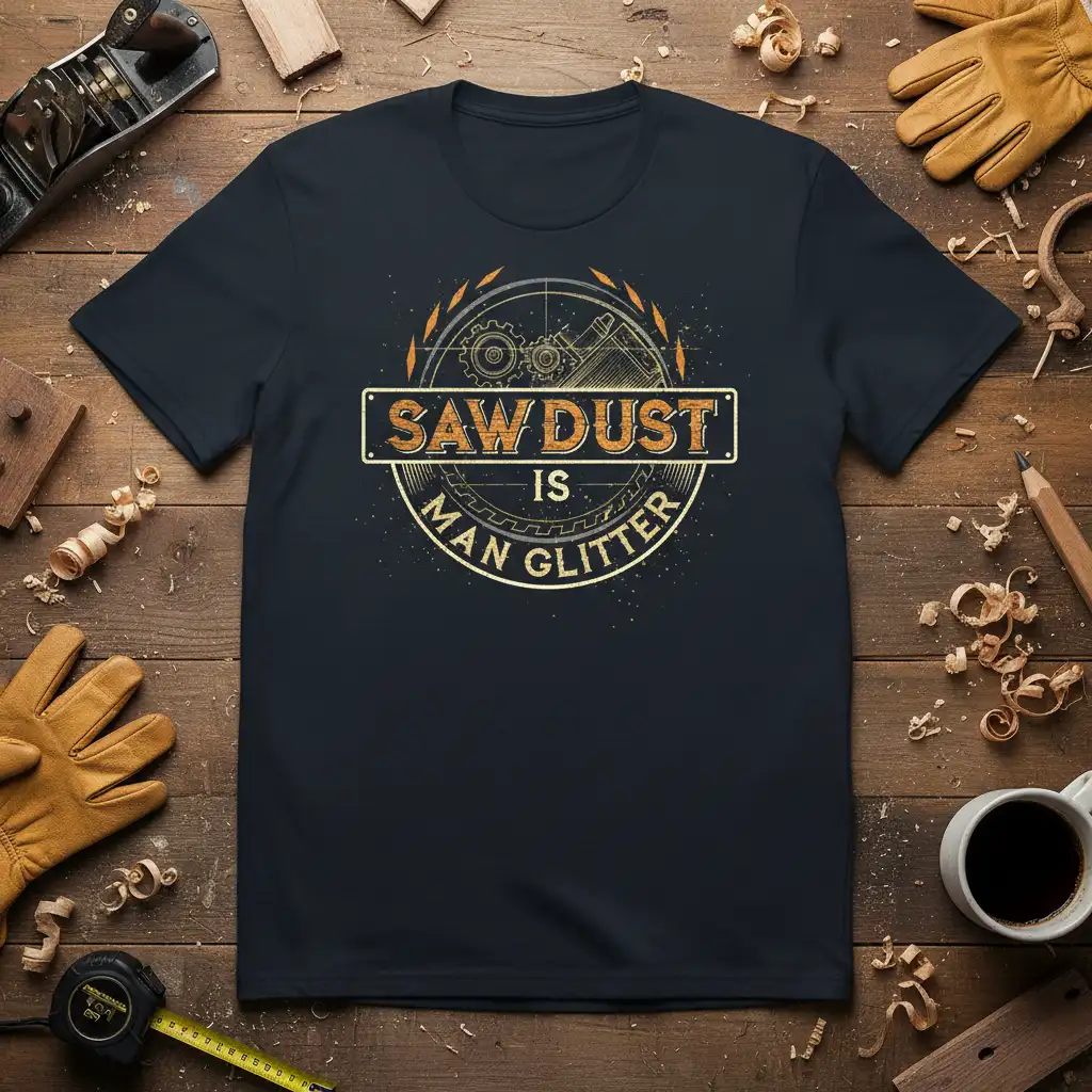 Saw Dust Is Man Glitter quote on a dark t-shirt, with gears and woodworking tool graphics