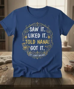 Saw It Liked It Told Nana Got It quote t-shirt with rocking chair and knitting graphics