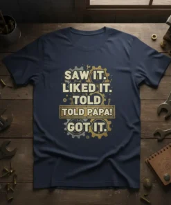 Saw It Liked It Told Told Papa Got It quote on a navy t-shirt, featuring gears and a vintage distressed