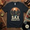Sax Squatch t-shirt design with Bigfoot playing saxophone in a forest, mushrooms, and moon. Includes the words Sax Squatch