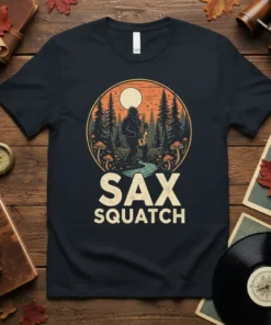 Sax Squatch t-shirt design with Bigfoot playing saxophone in a forest, mushrooms, and moon. Includes the words Sax Squatch