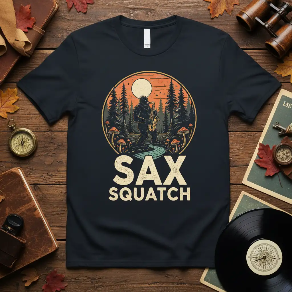 Sax Squatch Bigfoot playing saxophone in a mystical forest with moon and mushrooms, bold text design