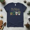 Say ALOE to my LITTLE FRIENDS text with watercolor potted succulents and cacti design on a navy t-shirt