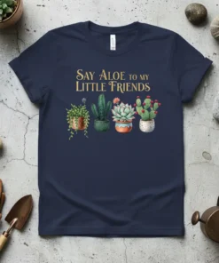 Say ALOE to my LITTLE FRIENDS text with watercolor potted succulents and cacti design on a navy t-shirt