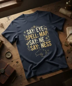 Navy blue t-shirt with gold text: SAY: EYE SPELL: MAP SAY: NE SAY: NESS, featuring fantasy map and dragon graphics
