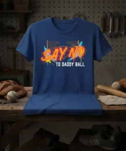 Say No To Daddy Ball quote on a blue t-shirt with a baseball fence graphic and paint splatters