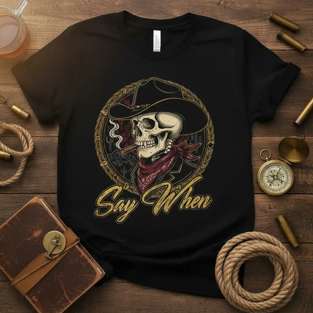 Say When cowboy skull graphic with cigar and western frame on a black tee