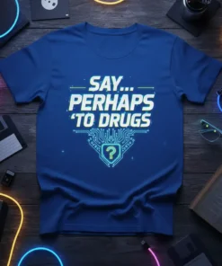 Blue t-shirt with "SAY... PERHAPS 'TO DRUGS" text and a digital circuit design with a question mark