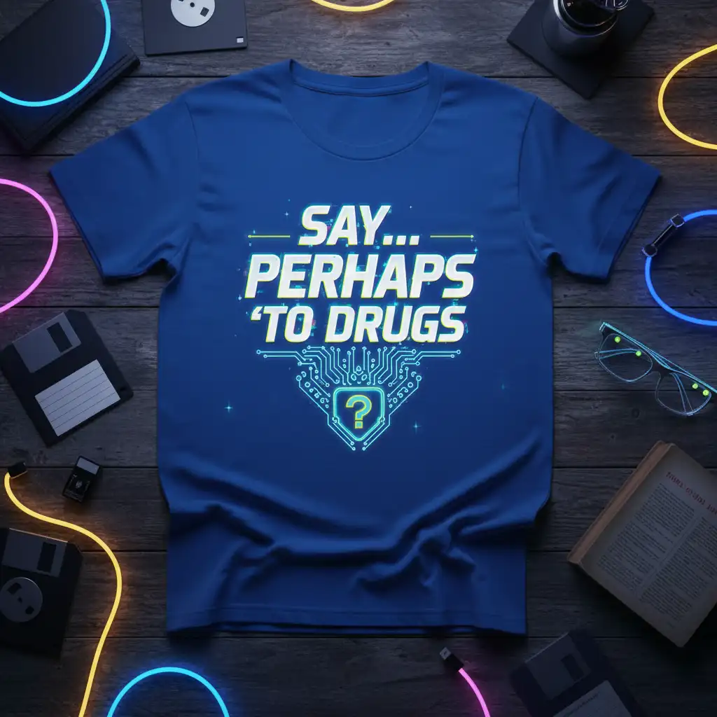 Blue t-shirt featuring the quote SAY... PERHAPS 'TO DRUGS with a digital circuit board and question mark graphic