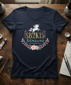 SB2K15 Mamas text with a unicorn and floral wreath design on a navy blue V-neck t-shirt