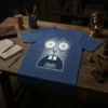 Scared Rabbit Face graphic t-shirt design with wide eyes and open mouth, presented on a blue tee