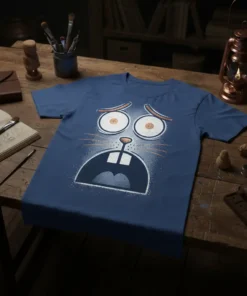 Scared Rabbit Face graphic t-shirt design with wide eyes and open mouth, presented on a blue tee