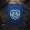 Scary monster face t-shirt design with big blue eyes and sharp teeth on navy blue shirt
