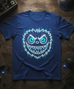 Scary monster face t-shirt design with big blue eyes and sharp teeth on navy blue shirt