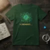 Green t-shirt with "SCHEMING..." text and a glowing green brain circuit design representing technology and ideas