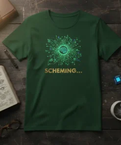 Green t-shirt with "SCHEMING..." text and a glowing green brain circuit design representing technology and ideas