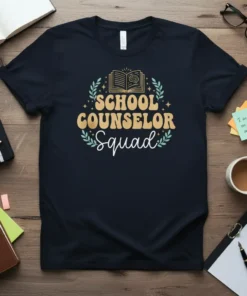 School Counselor Squad t-shirt with text and a graphic of an open book and brain