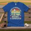 Retro baseball player swinging a bat with text "School Is Important But Baseball Is Importanter" on a royal blue t-shirt