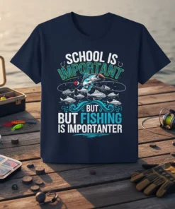 T-shirt with "School Is Important But Fishing Is Importanter" text and a fish jumping from water graphic