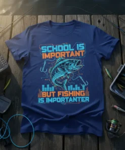 T-shirt with blue and orange text "SCHOOL IS IMPORTANT BUT FISHING IS IMPORTANTER" and a graphic of a bass fish