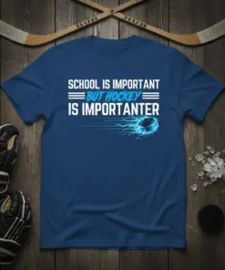 School Is Important But Hockey Is Importanter t-shirt with lightning hockey puck graphic