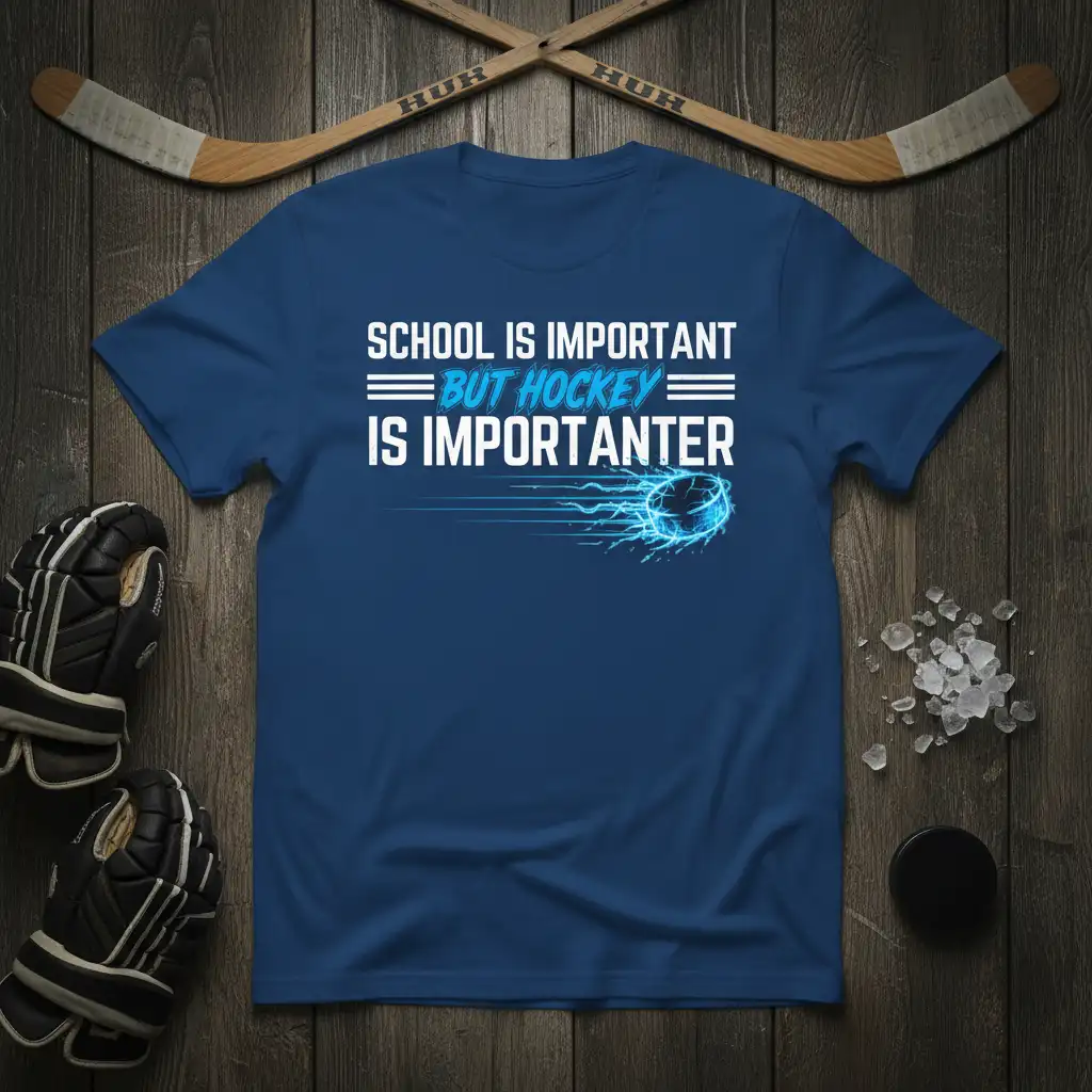 School Is Important But Hockey Is Importanter text with a dynamic lightning hockey puck graphic on a blue t-shirt