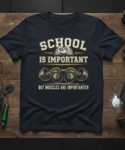 School Is Important But Muscles Are Importanter t-shirt with dumbbells and open book graphic