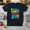 School Lunch Hero Squad text design with colorful typography and arrow graphic on a navy t-shirt