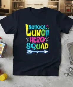 School Lunch Hero Squad text design with colorful typography and arrow graphic on a navy t-shirt