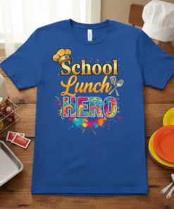School Lunch HERO t-shirt design with golden chef hat, colorful tie-dye text, and kitchen utensils