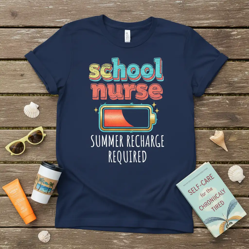 School nurse SUMMER RECHARGE REQUIRED text with low battery graphic on navy tee, perfect for summer break relaxation