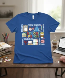 School Psych Reports Parent text design featuring detailed typography on quality t-shirt
