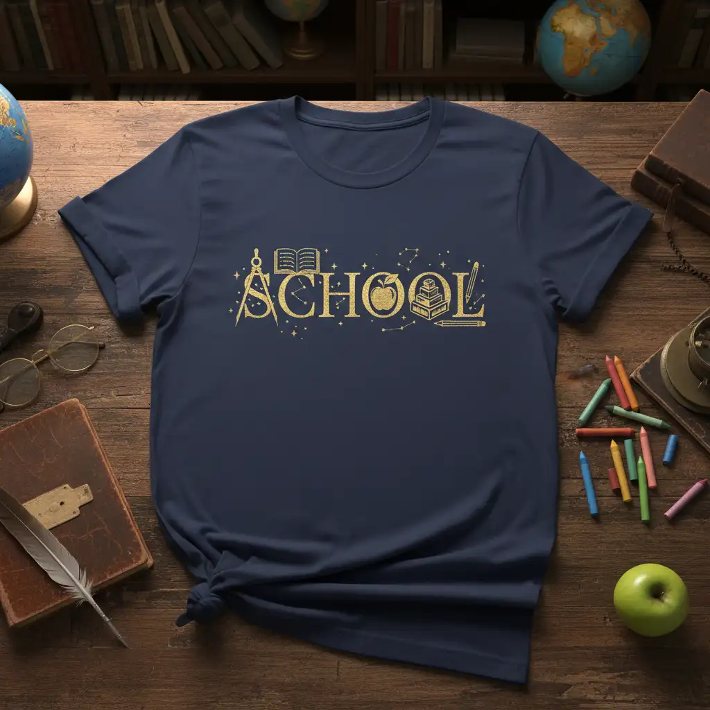 SCHOOL T-Shirt with golden educational icons and glitter accents, celebrating learning and academia