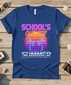 Retro sunset graphic with palm trees and neon text "SCHOOL'S OUT FOR SUMMER" on a blue t-shirt