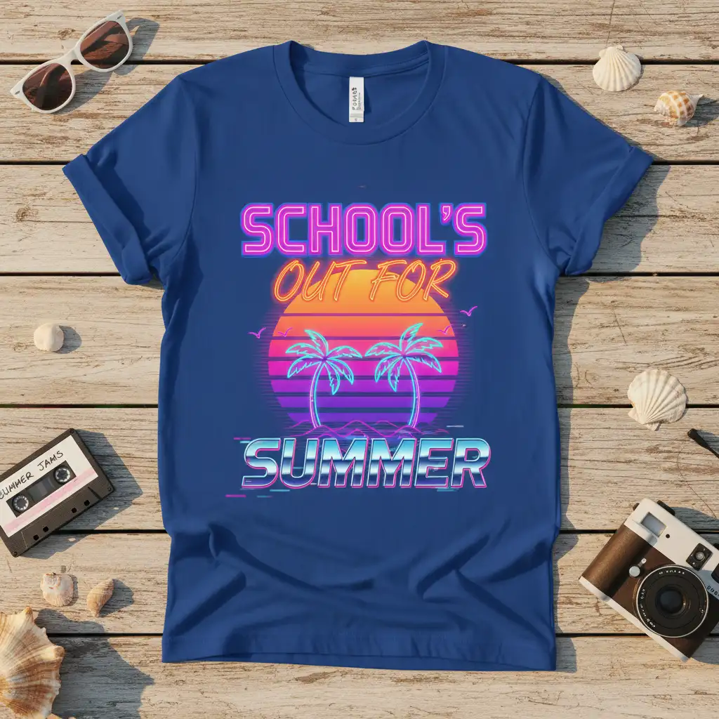 SCHOOL'S OUT FOR SUMMER neon text with retro sunset and palm trees graphic on a blue t-shirt