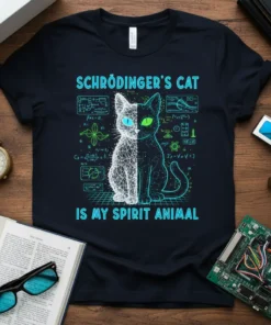 Schrödinger's Cat Is My Spirit Animal T-Shirt with quantum physics diagrams and a split cat design
