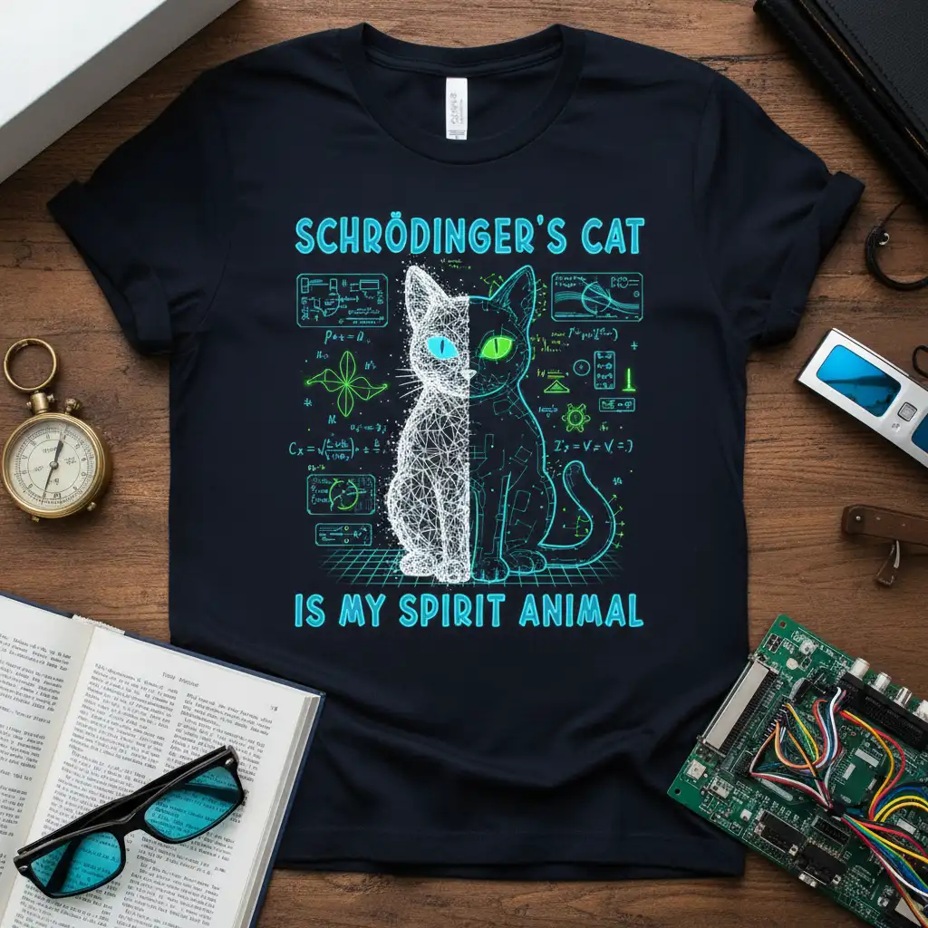 Schrödinger's Cat Is My Spirit Animal quote with quantum physics graphics and a dual-style cat illustration